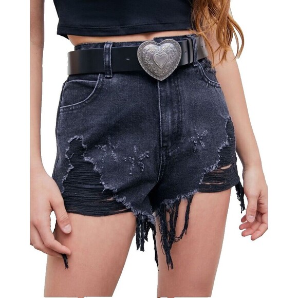 Cider Jean Shorts Cowgirl Jorts  Size L  High Rise Black Distressed Stars - Picture 1 of 11